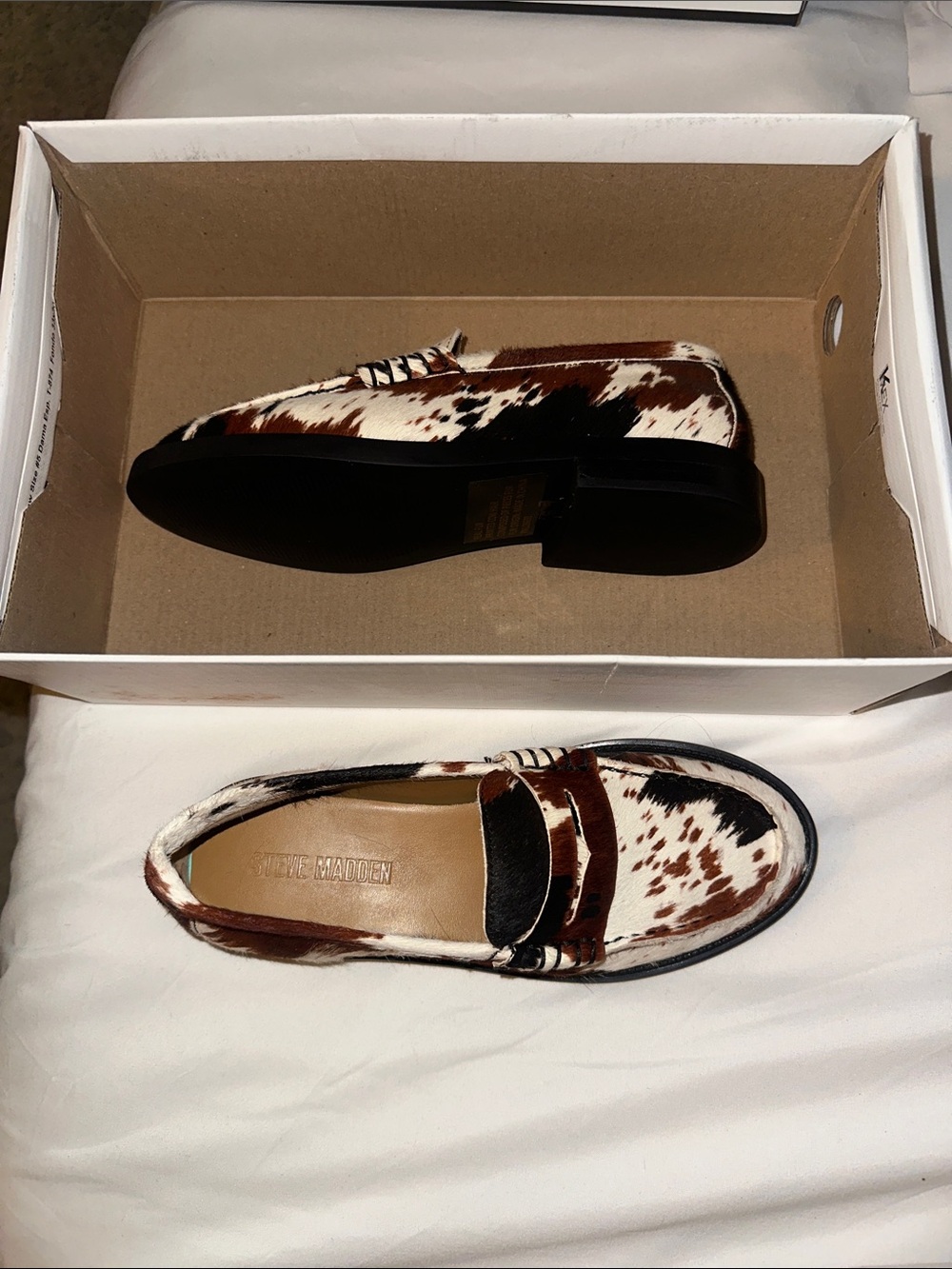 Steve Madden Cow Print Pony Hair Loafers in Brown, White, Black - Picture 3 of 3